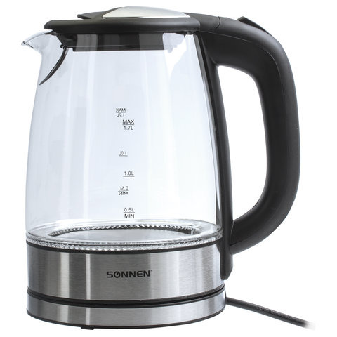 Электрочайник SONNEN KT-1788, 1,7л, 2200 Вт, закрытый нагревательный.элемент, стекло, черный, подсветка, 454349