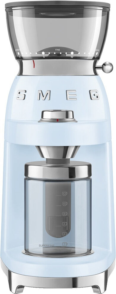 Кофемолка SMEG CGF03PBEU стиль 50-х гг, 15 уровней помола, конические жернова, объем контейнера для кофе 240г пастельный голубой