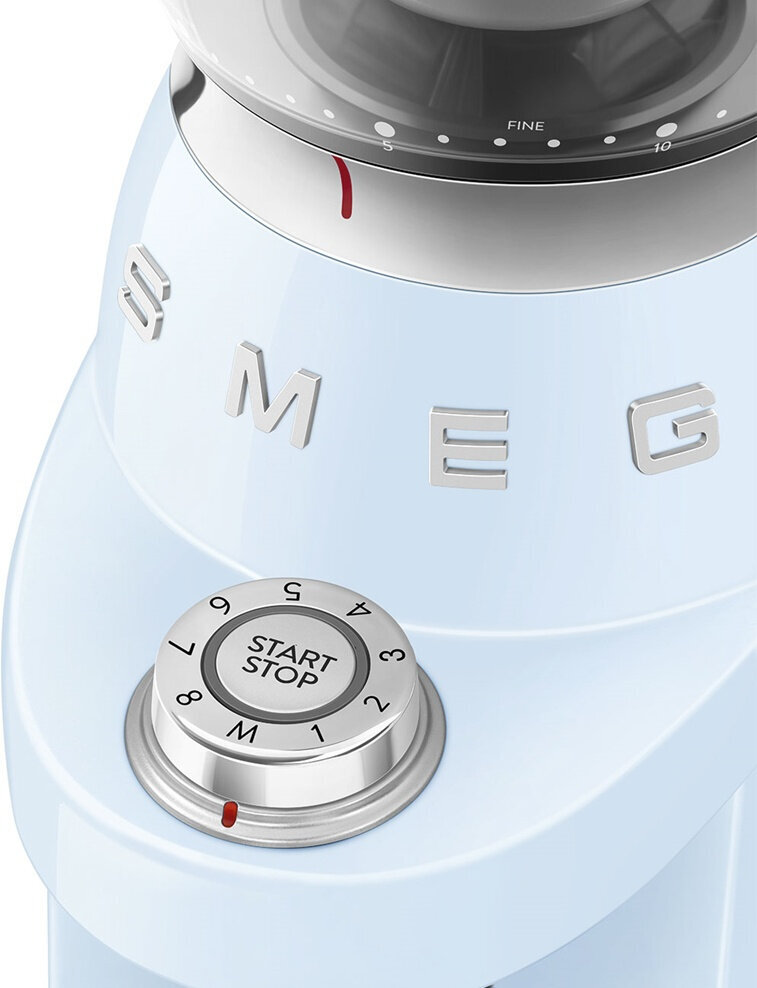 Кофемолка SMEG CGF03PBEU стиль 50-х гг, 15 уровней помола, конические жернова, объем контейнера для кофе 240г пастельный голубой