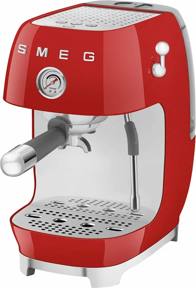 Кофемашина SMEG ECF03RDEU стиль 50-х гг функция одинарный/двойной, сигнал о необходимости очистки, давление 15 бар, капучинатор
