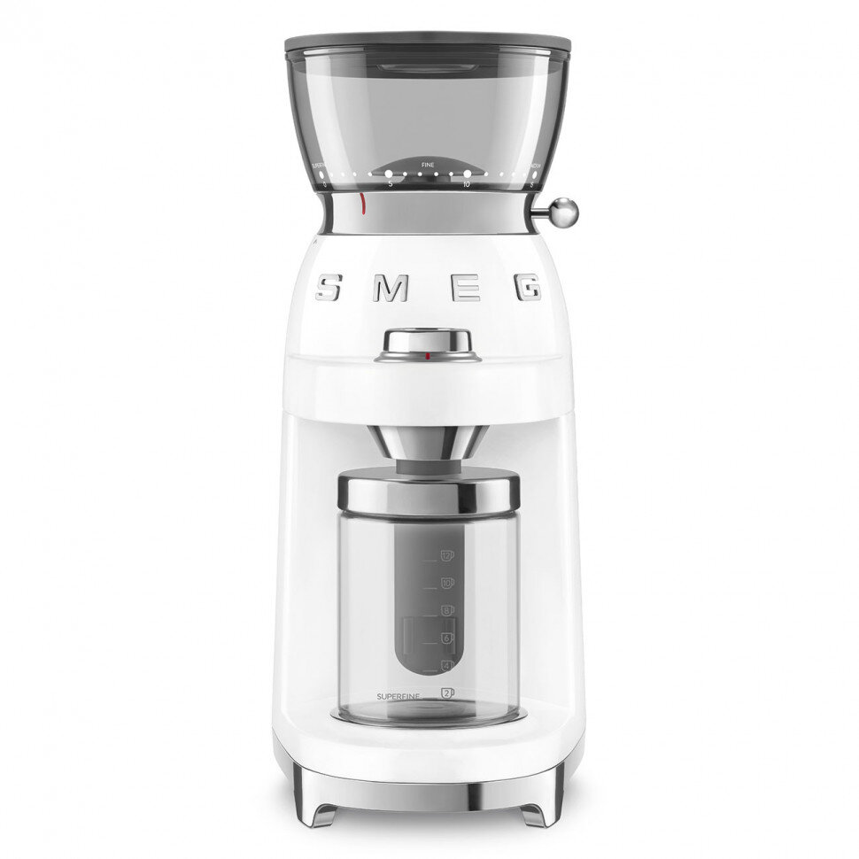 Кофемолка SMEG CGF03WHEU стиль 50-х годов 15 уровней помола, конические жернова, объем контейнера для кофе 240г