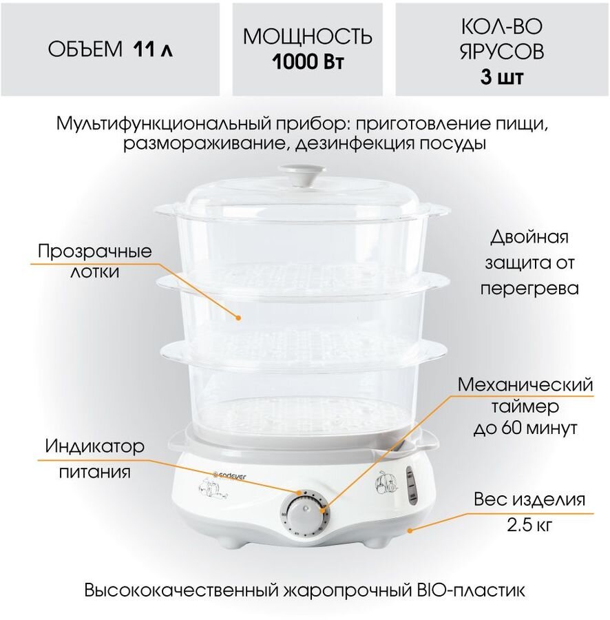 Пароварка Endever Vita-170, белый/серый
