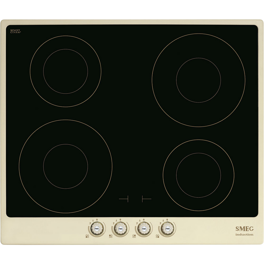 Встраиваемая индукционная панель SMEG SI764POM Cortina 60см, поворотные переключатели, кремовая, латунная фурнитура, черная стеклокерамика