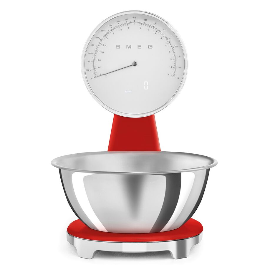 Весы кухонные SMEG KSF01RDWW аналоговый/цифровой дисплей, выбор единицы измерения, максимальный 5кг, шаг 1г, красный