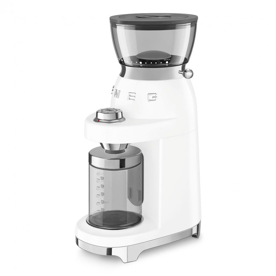 Кофемолка SMEG CGF03WHEU стиль 50-х годов 15 уровней помола, конические жернова, объем контейнера для кофе 240г