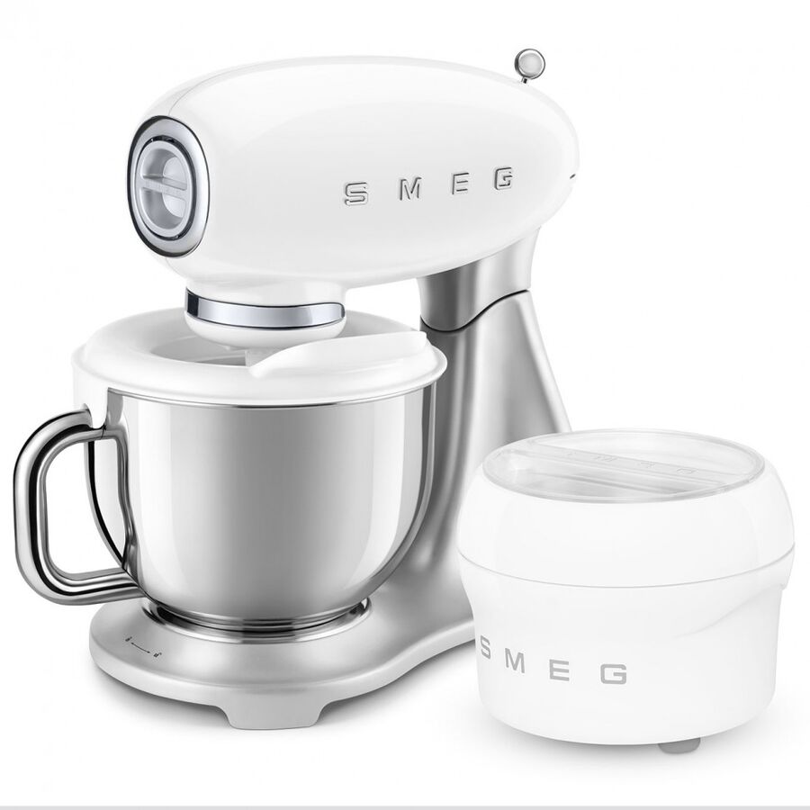 Миксер планетарный SMEG SMF04WHEU стиль 50-х гг, мощность 800Вт, объем чаши 4.8л, 10 скоростей, белый