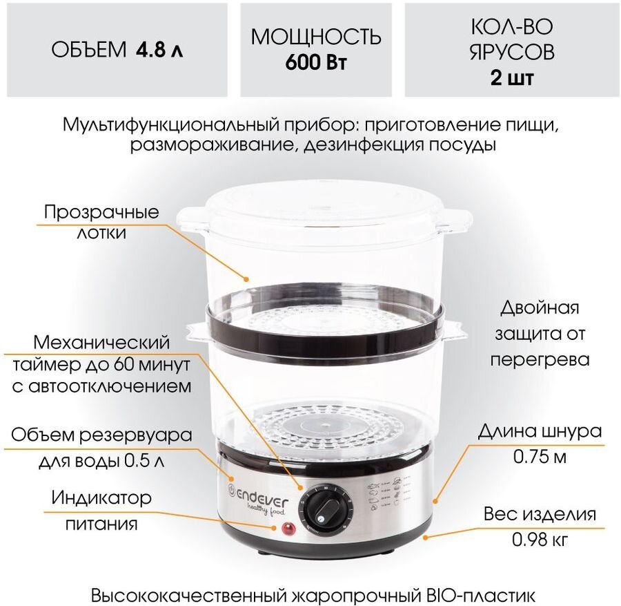 Пароварка Endever Vita-165, черный/стальной