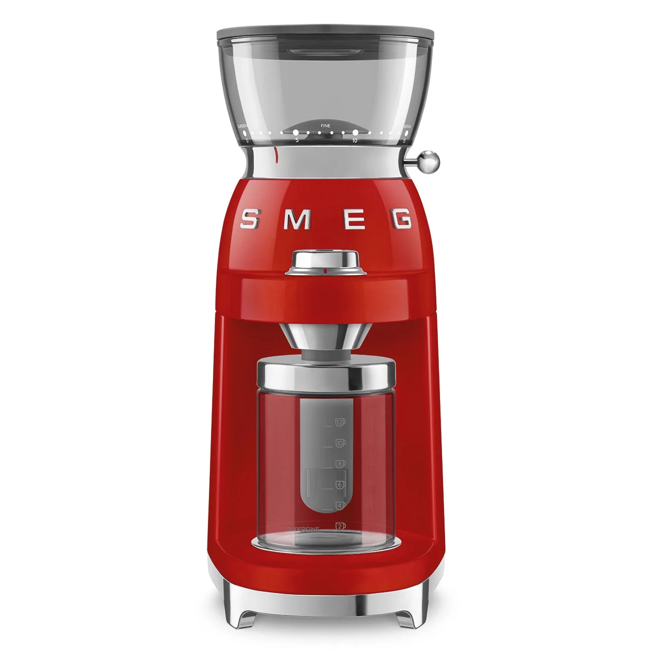Кофемолка SMEG CGF03RDEU стиль 50-х гг, 15 уровней помола, конические жернова, объем контейнера для кофе 240г, красный