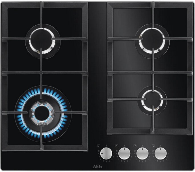 Варочная поверхность AEG HKB64420NB газ на стекле, 2 чугунных держателя, газконтроль интегрированный автоподжиг поверхно