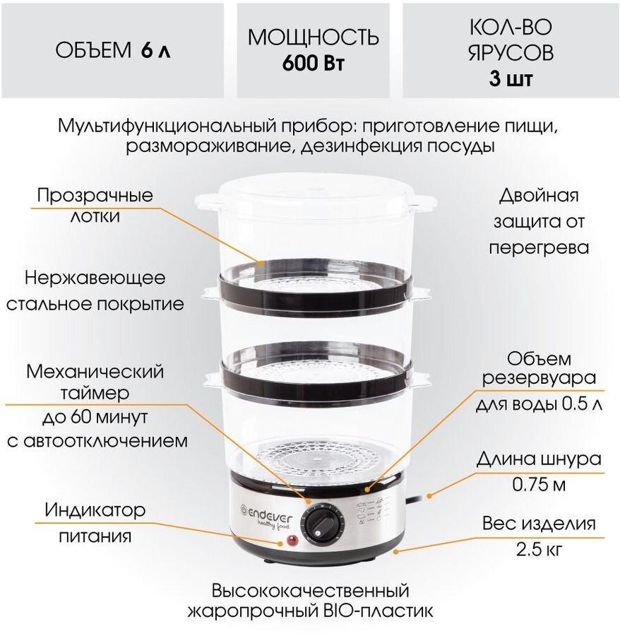 Пароварка Endever Vita-173, черный/стальной
