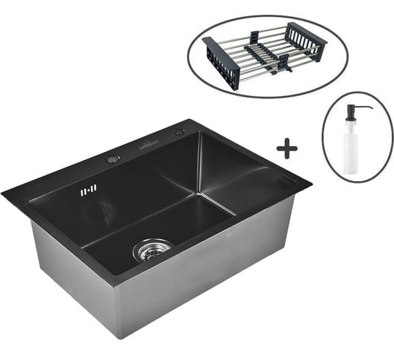 Кухонная мойка Wisent WS36050B Black с коландером, дозатором и сифоном