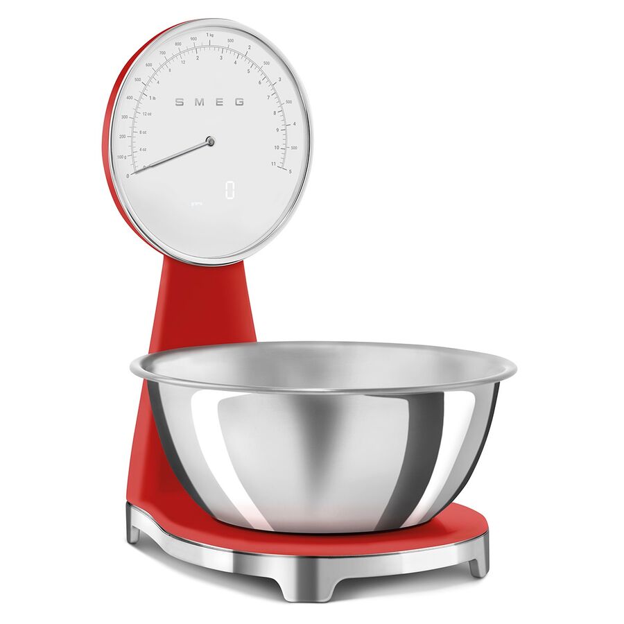 Весы кухонные SMEG KSF01RDWW аналоговый/цифровой дисплей, выбор единицы измерения, максимальный 5кг, шаг 1г, красный