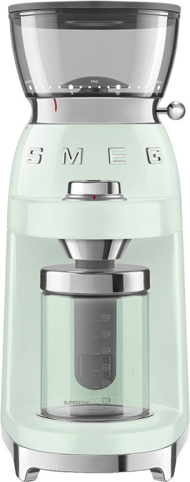 Кофемолка SMEG CGF03PGEU стиль 50-х гг, 15 уровней помола, конические жернова, объем контейнера для кофе 240г пастельный зеленый