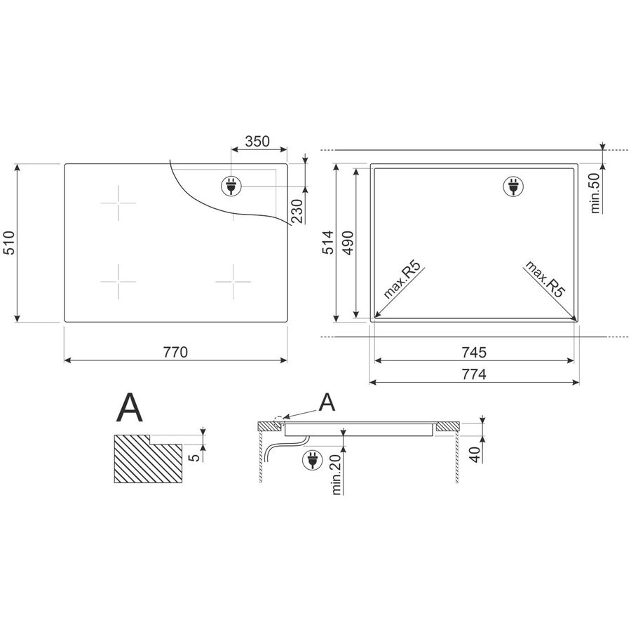 Варочная панель SMEG SE484EMTD 80см, ультранизкий профиль, Compact Slider, 4 зоны, черный