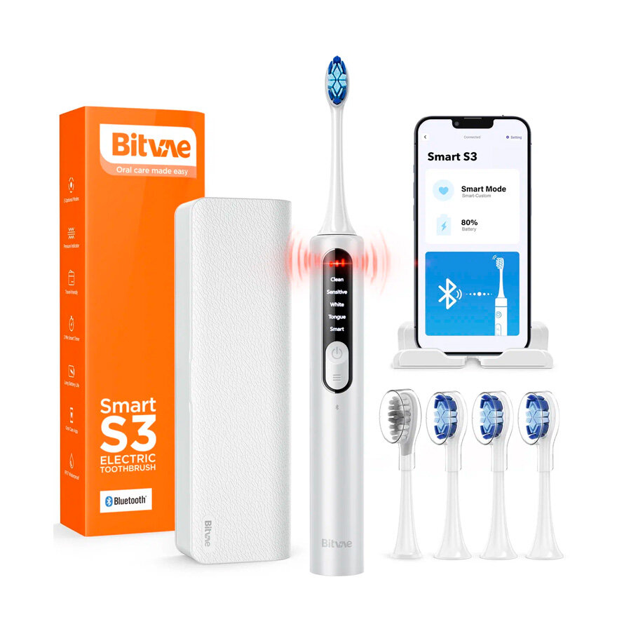 Электрическая зубная щетка Bitvae S3 Smart E-Toothbrush (S3 White) с поддержкой прил. для смартфонов (чехол насадки держатель 4 колпачка для наса