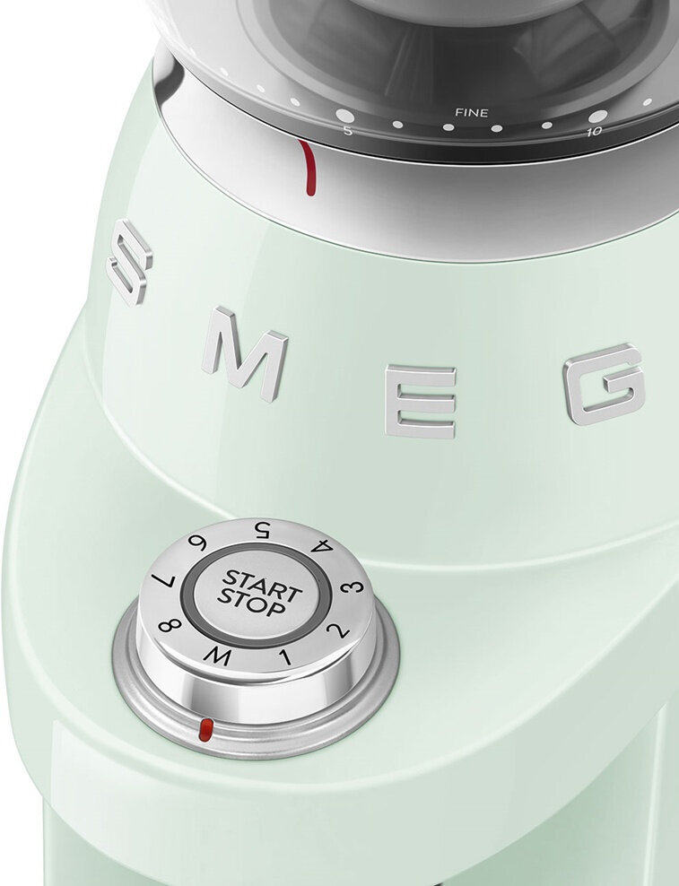 Кофемолка SMEG CGF03PGEU стиль 50-х гг, 15 уровней помола, конические жернова, объем контейнера для кофе 240г пастельный зеленый